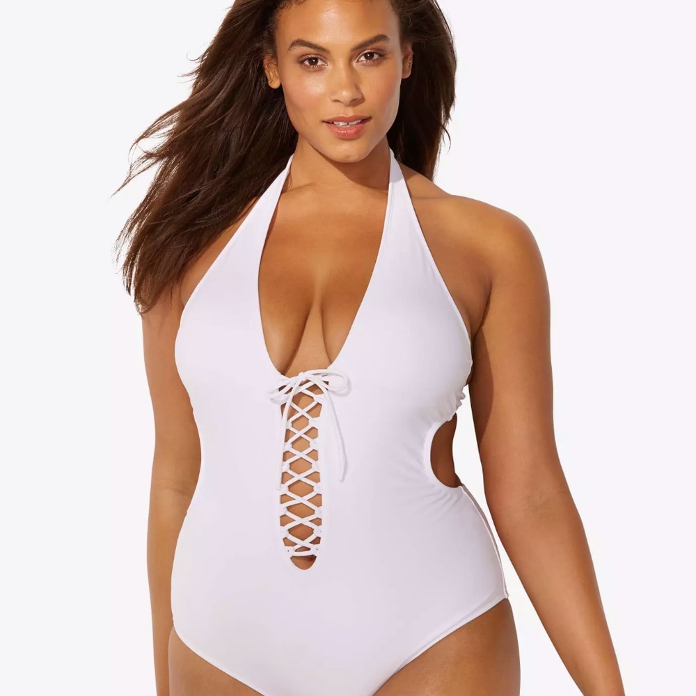 Nwt Ashley Graham Sz 10 Black Halter Swimsuit